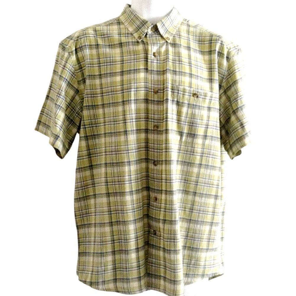 Eddie Bauer Men's Shirt Medium M Plaid Green Blue White Button Front SS